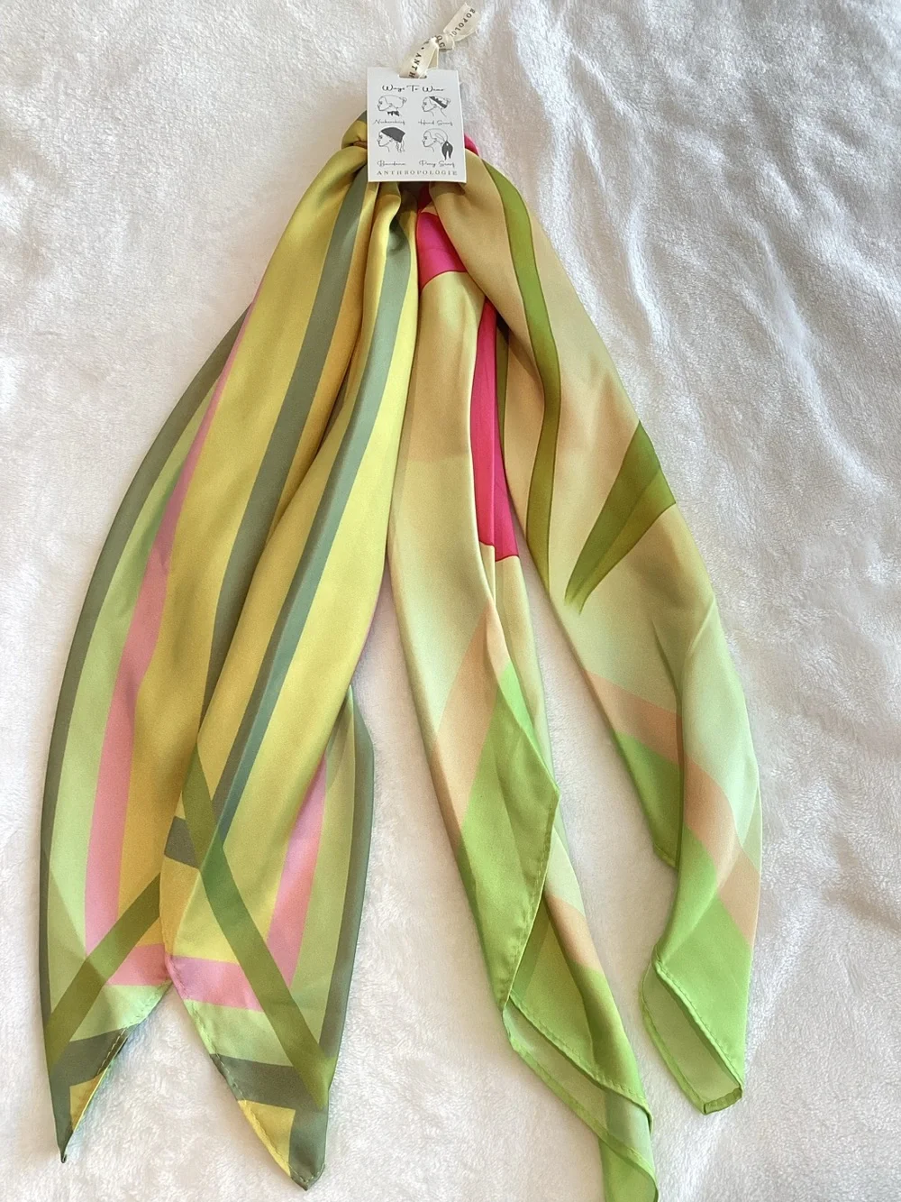 Anthropologie Silky Scarves Bag Head Hair Scarf New Set of 2 Green Pink Floral